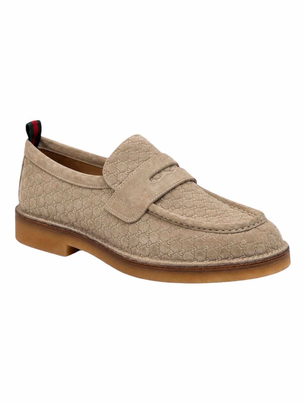 Gucci Luxury Suede GG Monogram Web Penny Loafer Oatmeal Size 12/ 12.5